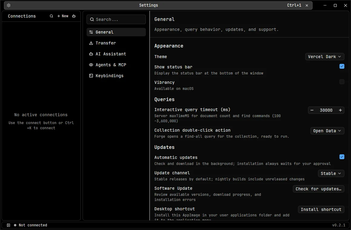 OpenMango settings running as a Linux AppImage