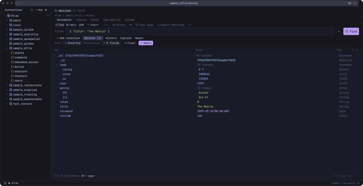 OpenMango showing The Matrix from Atlas sample data in Tree view, with nested fields and BSON types