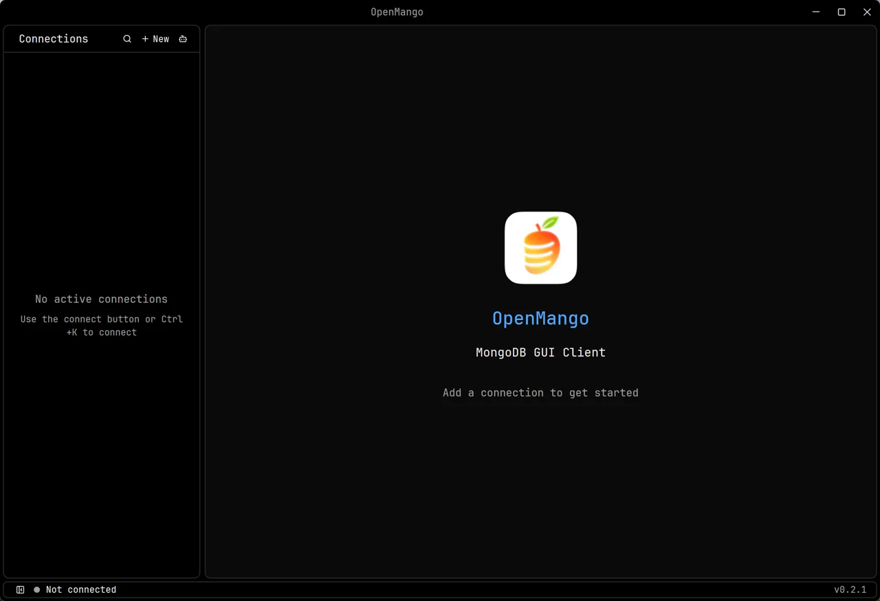 OpenMango welcome screen on Windows 11